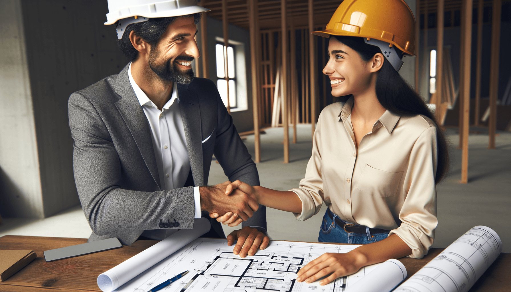 A homeowner shaking hands with a professional general contractor while reviewing blueprints on a job site.
