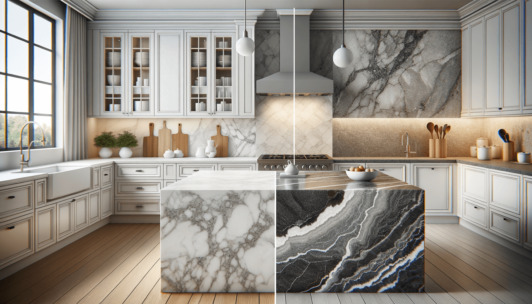 Una comparación lado a lado de una encimera de cuarzo blanco prístino y una llamativa encimera de granito natural gris y negro en un entorno de cocina.
