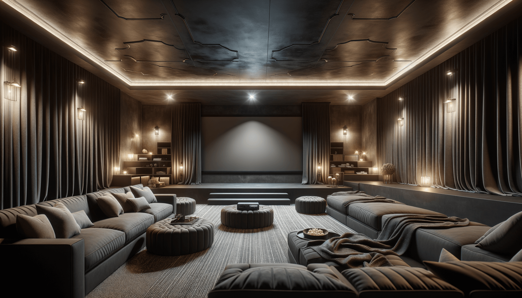 Un acogedor cine en casa en un sótano terminado con paredes oscuras, asientos cómodos y una gran pantalla de proyección, que demuestra el aumento del valor de la vivienda.