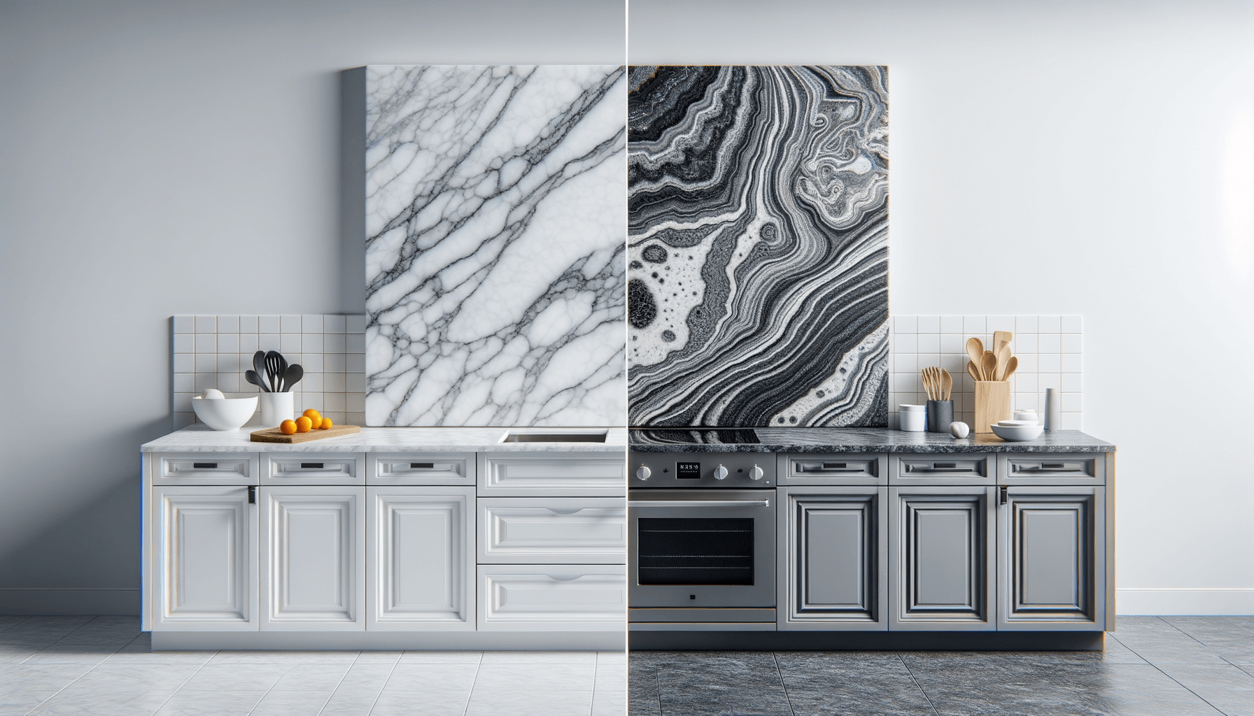 A side-by-side comparison of a pristine white quartz countertop and a striking natural gray and black granite countertop in a kitchen setting.