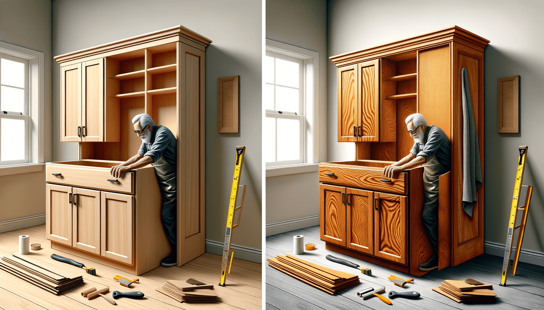 Una comparación visual que muestra gabinetes de cocina viejos siendo reemplazados por nuevos a la izquierda, y cajas de gabinetes viejas siendo cubiertas con chapa nueva a la derecha.
