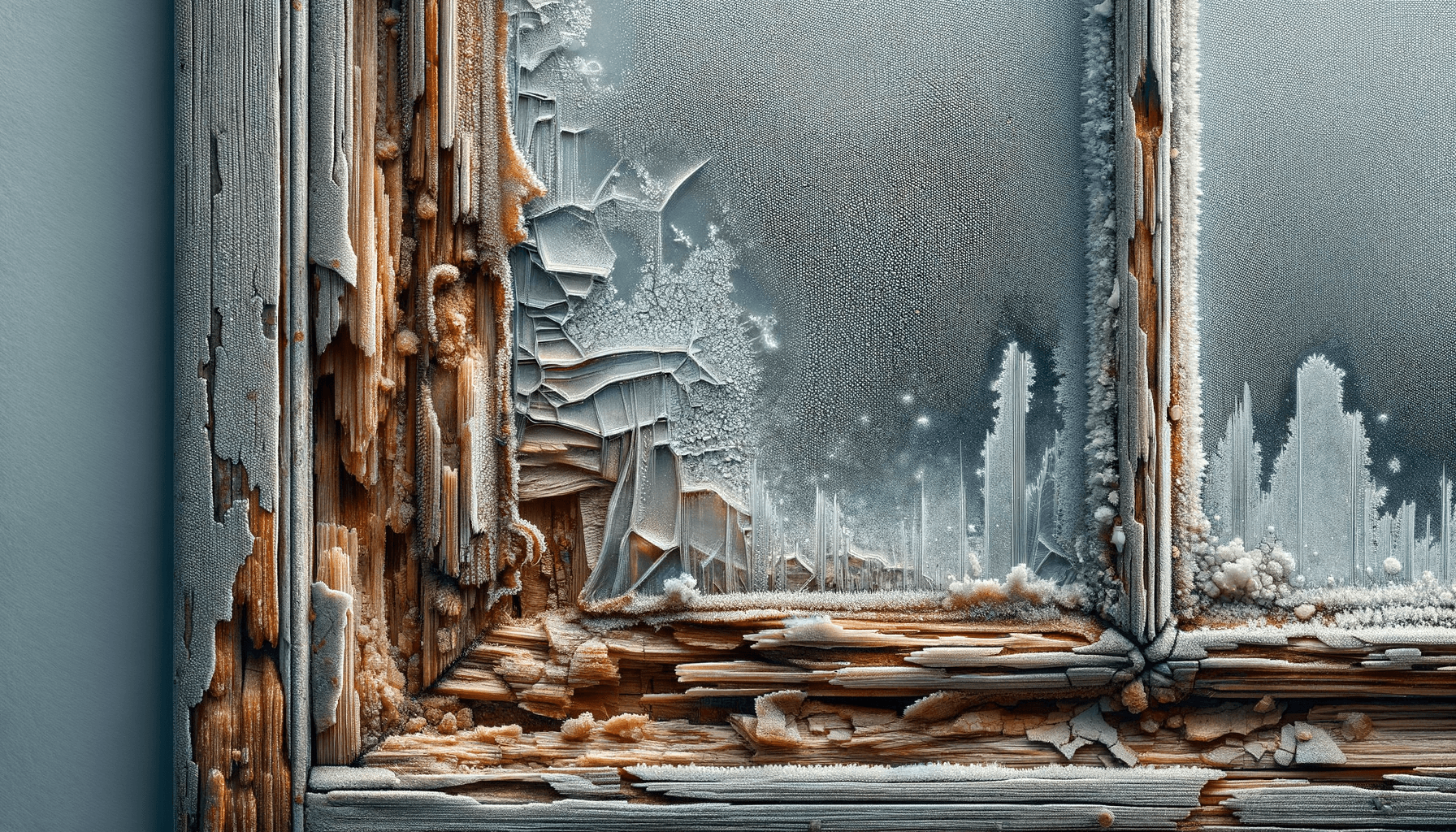 Una imagen de primer plano de un cristal de ventana escarchado y un marco de madera visiblemente dañado que muestra condensación y descomposición.