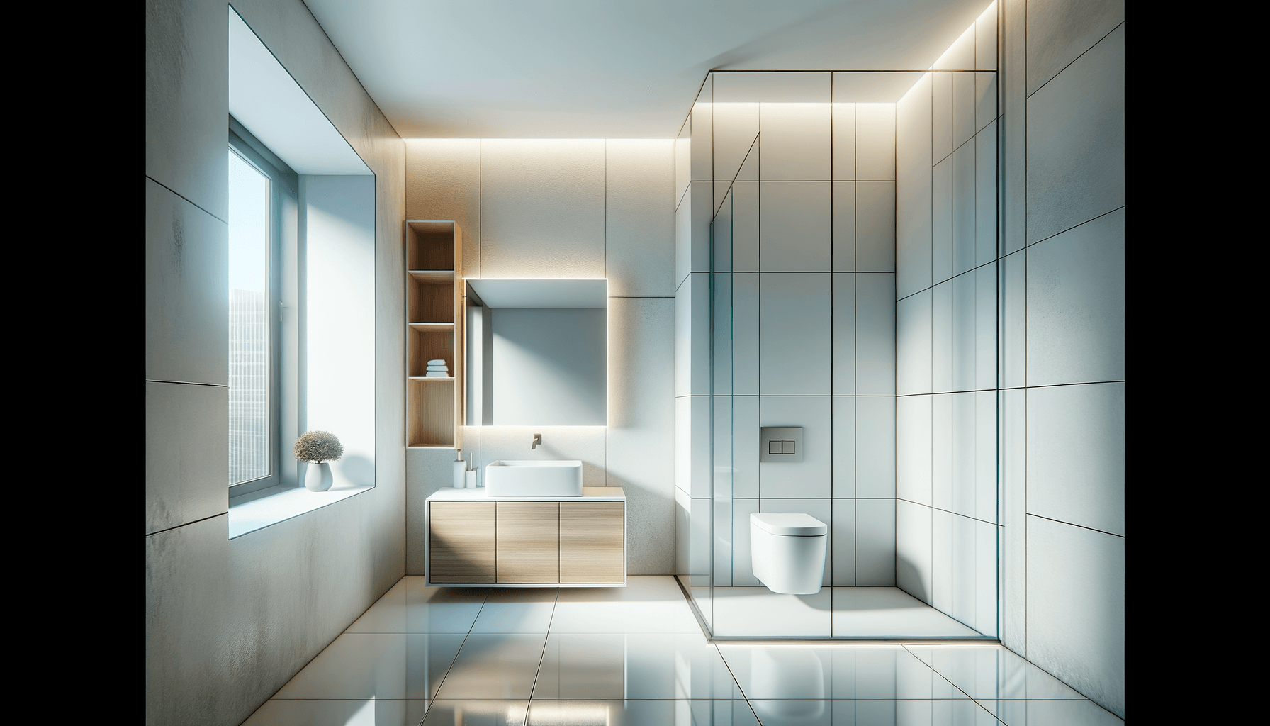 A bright, modern small bathroom featuring a wall-mounted vanity, large floor tiles, and a glass corner shower.