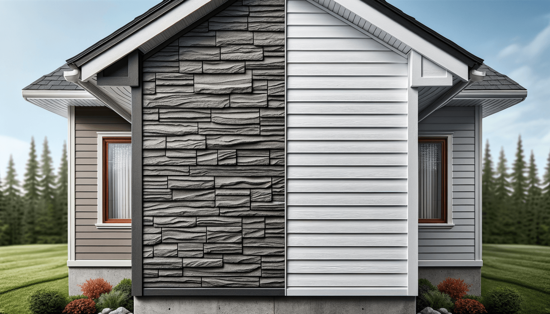 A split image showing a home with modern gray fiber cement siding on one side and traditional white vinyl siding on the other.
