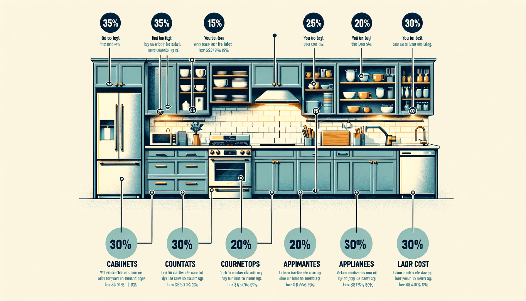 An infographic showing the cost breakdown of a typical kitchen remodel by percentage for cabinets, labor, and appliances.